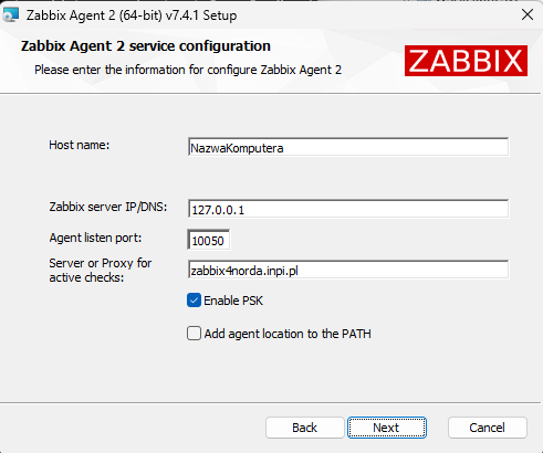 Okno konfiguracji instalatora Zabbix Agent 2 - pola do uzupełnienia